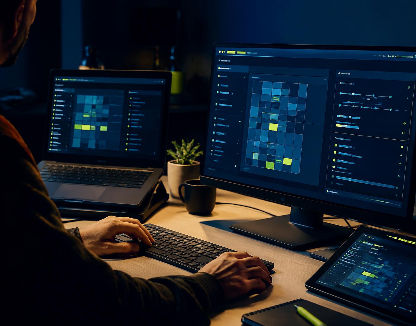 Person working with abstract software interfaces on several screens